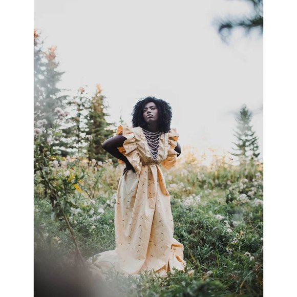 Women's Gold Hand Beaded Vintage Victorian Boho Style Ruffle Maxi Dress New - Picture 9 of 10